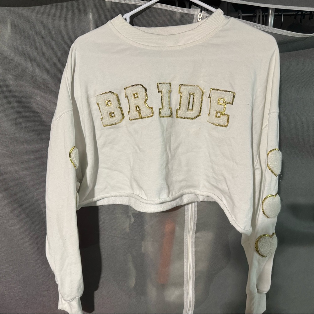 White Bride Cropped Sweatshirt with Gold Accents
